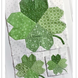 Motif de blocs de courtepointe I Love Shamrocks. Utilisez ce motif pour créer un bloc de courtepointe de trèfle à quatre feuilles de 4,5 po, 6,5 po. ou 12,5 po.