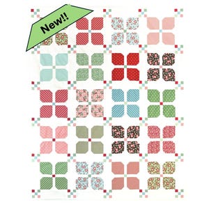 May include: A patchwork quilt with a repeating floral and geometric pattern. The quilt features squares in various colours, including red, pink, green, and blue, with floral and striped designs. A green banner with the word "New!!" is in the upper left corner.