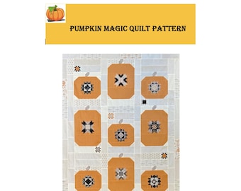 Puede incluir: Un patrón de edredón con bloques de calabaza naranja y diseños geométricos. El edredón tiene un fondo claro con un patrón repetitivo. El texto "PUMPKIN MAGIC QUILT PATTERN" se muestra en una pancarta amarilla.