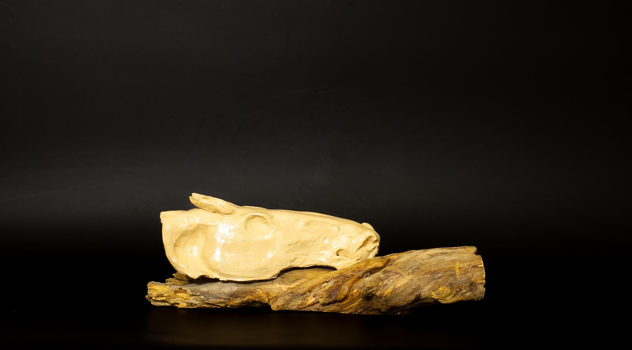 Horse head ceramic sculpture on wooden base