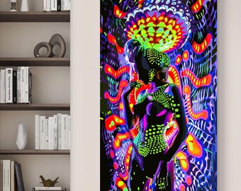 Psychedelic Woman Canvas Print, Neon Body Art, Blacklight Reactive Poster, Modern Wall Decor