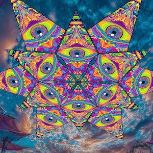UV-Reactive Neon Eye Mandala Canopy – Blacklight Tapestry for Psytrance Festivals, Glow Parties, Trippy Rooms & Meditation Decor