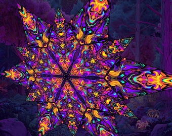 Puede incluir: Un vibrante diseño de estrella de múltiples puntas con un patrón psicodélico en tonos de morado, amarillo, naranja y turquesa. La estrella se encuentra sobre un fondo de un bosque oscuro y estilizado con tonos morados y azules, creando una composición surrealista y artística.