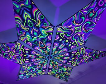 Dosel de techo con flor de helecho reactiva a la luz UV – Arte psicodélico de licra con luz negra para festivales, raves, salas de meditación y decoración del hogar psicodélica.