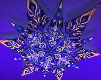 Dosel de techo con diseño de helecho UV – Lycra activa bajo luz negra – Arte psicodélico para raves, festivales, meditación, decoración psicodélica, psytrance y ambientes zen.
