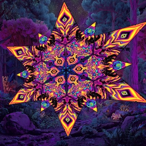 UV Fern Flower Ceiling Canopy – Blacklight-Active Lycra Psychedelic Art for Raves, Festivals, Meditation, Trippy Decor, Psytrance & Zen Room