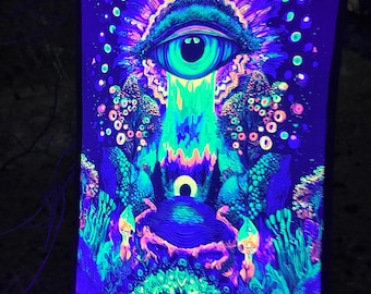 UV Glow Tapestry on Stretch Biflex Fabric – Psychedelic All-Seeing Eye Mandala Wall Art, Blacklight Reactive Trippy Room & Festival Decor
