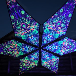 UV Reactive Fern Flower Ceiling Canopy – Blacklight-Active Lycra Decor for Psytrance Parties, Festivals, and Meditation Rooms
