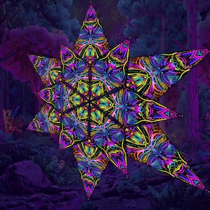 UV Reactive Fern Flower Ceiling Canopy – Blacklight Tapestry for Psytrance Decor, Festival Tent, Meditation Room, Rave, Glow Party Art