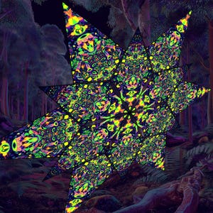 Puede incluir: Una vibrante obra de arte digital psicodélica que presenta un gran diseño en forma de estrella con patrones intrincados en tonos de verde, amarillo y morado. La obra de arte está ambientada en un fondo de un bosque oscuro.