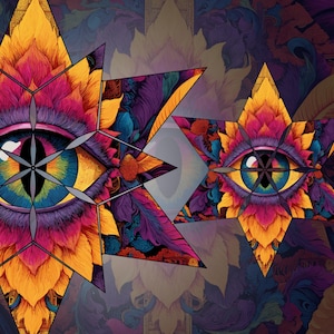 May include: A vibrant digital art print featuring two stylized eyes within star-shaped floral designs. The artwork showcases a rich palette of colors, including yellow, pink, purple, and blue, creating a psychedelic and mystical aesthetic. The eyes have a detailed iris.