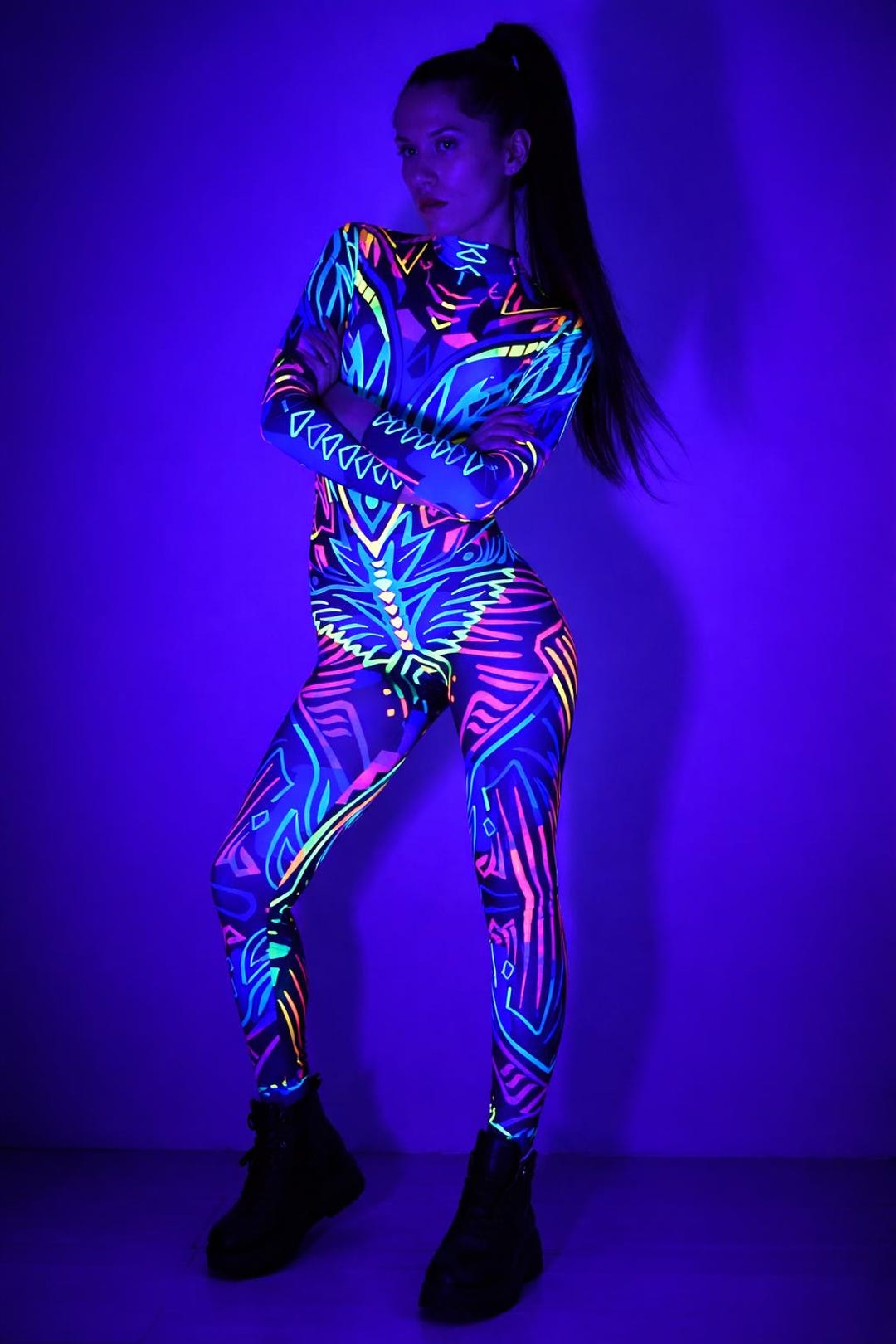 UV Reactive Bodysuit Neon Glow Catsuit Women Festival Rave Outfit ...