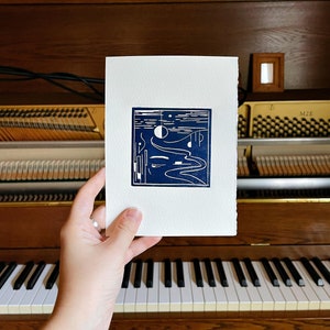 pianomellows [midnight] - 5x7 in original linoprint artwork |
