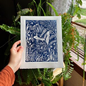 Taking shelter in nature - 8x10 in handmade linoprint | Original linocut, Handmade Print