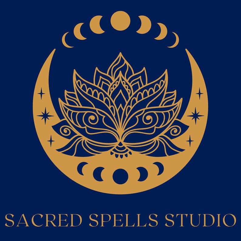 May include: A gold stylized illustration of a lotus flower inside a crescent moon with a circle and crescent moon phases around the outside. The text "SACRED SPELLS STUDIO" is below the image.