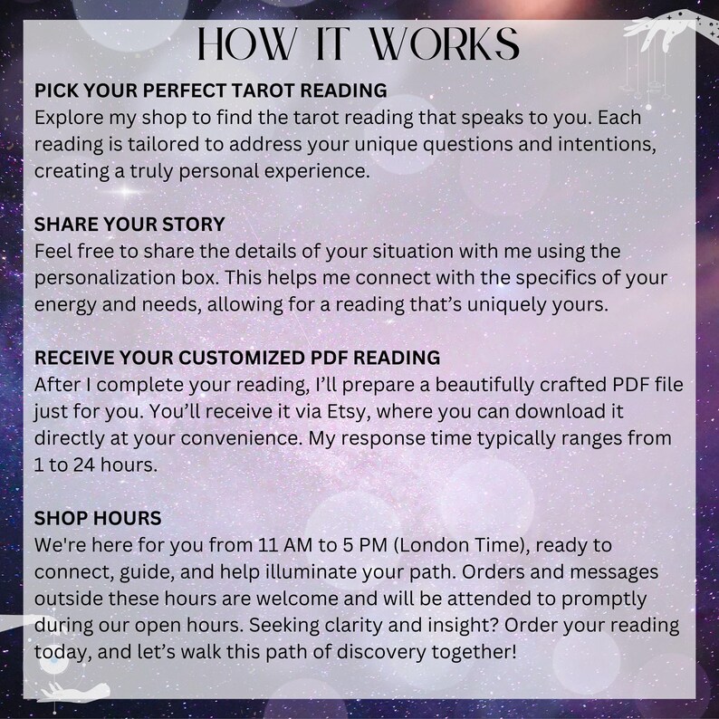May include: A purple and black background with white text explaining how to get a tarot reading. The text includes the steps: Pick Your Perfect Tarot Reading, Share Your Story, Receive Your Customized PDF Reading, and Shop Hours.