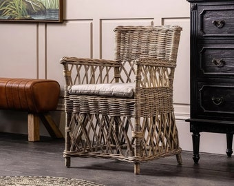 Lounge Rattan Sofa Stuhl, Akzent Stuhl aus Holz, gewebte Rattan Esszimmerstühle, Korbstuhl, Terrassenmöbel, Möbel im Freien