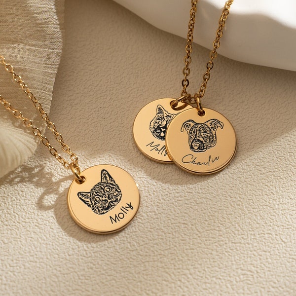 Collier disque personnalisé portrait d'animal de compagnie, collier pendentif portrait de chien, portrait gravé à partir d'une photo, bijoux personnalisés pour animal de compagnie pour chien maman