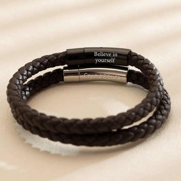 Custom Men's Leather Bracelet with Matt Black Clasp, Personalized Engraved Name Bracelet, Woven Leather Bracelet, Gift for Boyfriend | Dad