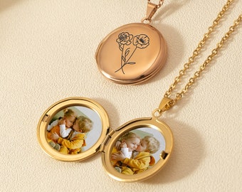 Medaglione floreale di nascita familiare combinato, collana con medaglione floreale bouquet, medaglione ricordo regalo per la festa della mamma, gioielli fotografici con incisione, regalo per lei