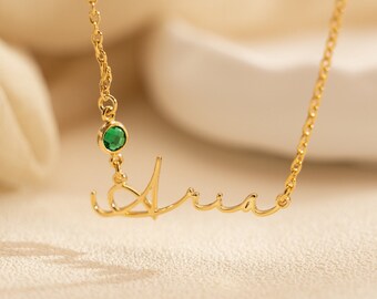 Personalized Name Necklace with Birthstone, Gold Signature Name for Friend, Custom Name Pendant Necklace, Dainty Birthday Day Gift for Mom