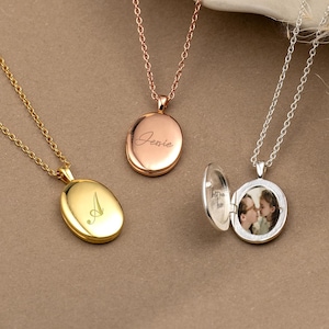 Personalised Locket Necklace, Engraved Name Locket Charm with Photo, Custom Memorial Jewelry, Oval Locket Initial Necklace, Christmas Gifts