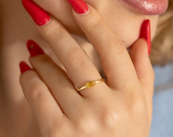 Personalized Baguette Birthstone Ring, Custom Gold Stackable Ring, Gold Birthstone Ring for Mom, Minimalist Gemstone Ring, Wedding Gife