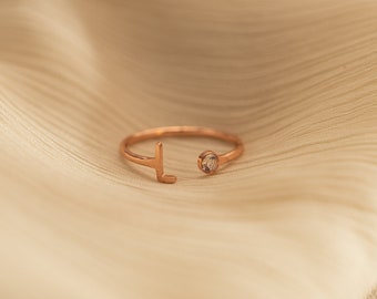 Aangepaste initiële ring met geboortesteen, verstelbare ring met geboortesteen, geboortesteen ring goud, zilveren letter ring voor vrouwen, zus/moeder cadeau