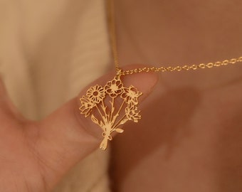 Collier bouquet de fleurs de naissance de famille, cadeau fête des mères, bijoux personnalisés pour maman, cadeau grand-mère, délicat collier de fleurs de naissance combinées