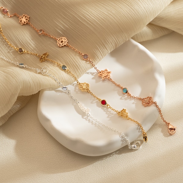 Geburtsblumen Armband mit Geburtsstein, benutzerdefinierte Birthstone Armband für Frau, personalisiertes Familiengeschenk für Oma, Muttertagsgeschenk für Nana