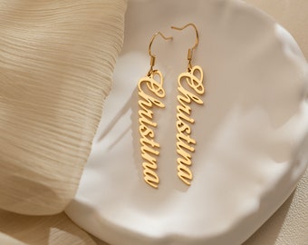 Custom Gold Name Earrings, Dangle Vertical Name Earrrings, Minimalist Monogram Name Earrings, Handmade Gift for Her, Birthday Gift for Mom