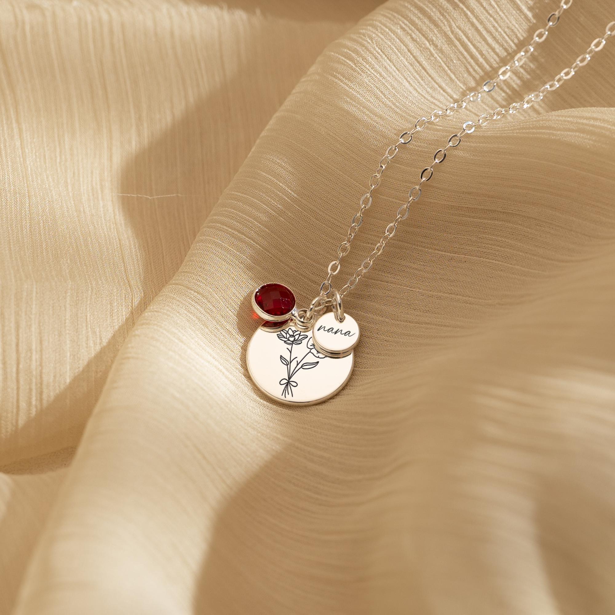 Family Birth Flower Bouquet Necklace, Engraved Birthflower Pendant, Mothers day Gift, Birthstone Jewelry, Valentines Gift, Birthday Gifts
