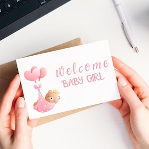 Willkommenskarte für Baby, Neugeborenen Willkommenskarte, süße Babykarte, druckbare Ankunfts-Babykarte, druckbare Baby-Dusche-Karte Mädchen, rosa druckbare Karte