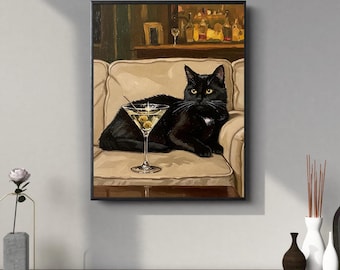 Black Cat Martini Art Print: Quirky Cocktail Bar Cart Decor