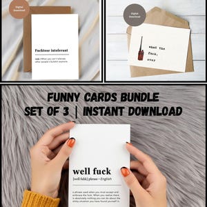 Pacchetto di biglietti d'auguri divertenti stampabili, 3 biglietti d'auguri umoristici per adulti, biglietto "Beh, vaffanculo", "Intollerante al cazzo", "Che cazzo è successo", regalo con download immediato