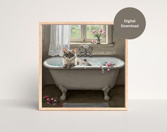 Vintage Cat in Bathtub Poster-Oil Painting Style Art Print-Artful Cat Print-Cute Playful Cat Wall Art-Textured Wall Paint-Instant Download