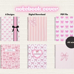 Puede incluir: Seis diseños de portadas de cuadernos rosas con lazos, rayas, corazones y estampados de cuadros. Las portadas son de espiral y están etiquetadas como "notebook cover", "Digital Download" y "PDF File". Tamaño A5.
