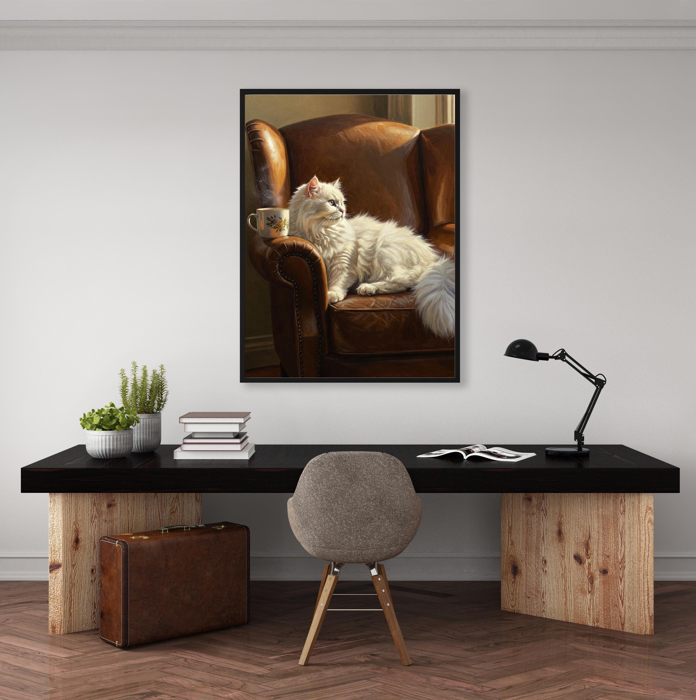 Cat Coffee Art Print: Whimsical Cozy Home Decor