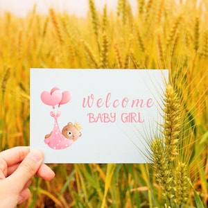Welcome Baby Girl Card,Newborn Welcome card,Cute Baby Card,Printable Arrival Baby Card,Printable Baby shower card girl, pink printable card