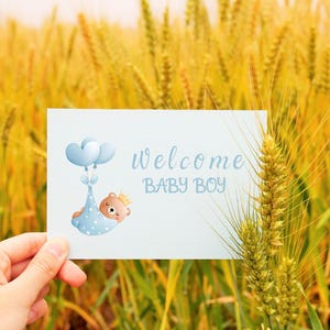 Welcome Baby Boy Card - DIGITAL Download - Printable Welcome Baby Boy Card - Printable Baby Boy Card with Baby Bear and blue balloons