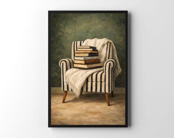 Stampa artistica da parete Cozy Reading Nook, opera d'arte vintage con pila di libri, download digitale per amanti dei libri, arte della biblioteca Cottagecore, decorazione da parete stampabile