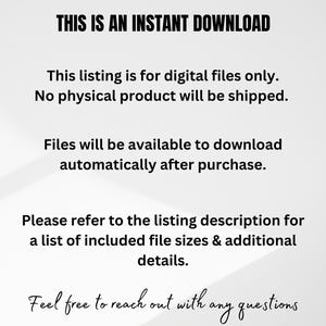 Pu&ograve; includere: Sfondo bianco con testo nero che recita "THIS IS AN INSTANT DOWNLOAD". Ulteriore testo spiega che l'inserzione &egrave; solo per file digitali, senza spedizione di prodotti fisici. Menziona anche il download automatico dopo l'acquisto.