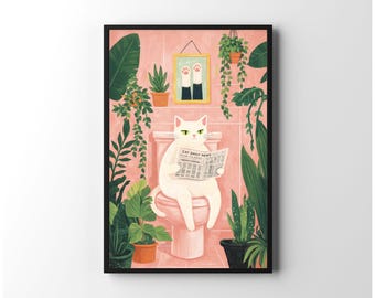 Funny Cat Bathroom Poster, Cat Reading Newspaper Print, Whimsical Bathroom Wall Decor, Vintage Cat Print, Pink Bathroom Art,Digital Download