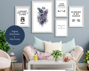 5 Piece Print Set: Lash Artist Salon and Lounge Wall Art/Decorations, Peacock Feather and Flowers Picture with 4 Lash Technician Quotes