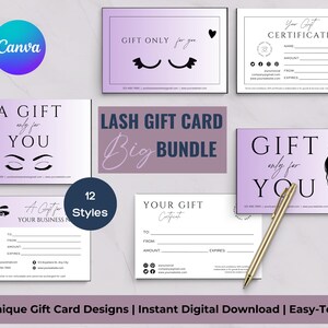 Plantilla de tarjeta de regalo de pestañas - Tarjeta de regalo de belleza editable - Descarga instantánea personalizable - Perfecta para pequeñas empresas - Púrpura - Paquete de 12