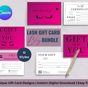 Plantilla de tarjeta de regalo de pestañas - Tarjeta de regalo de belleza editable - Descarga instantánea personalizable - Perfecta para pequeñas empresas - PurpleD - Paquete de 12