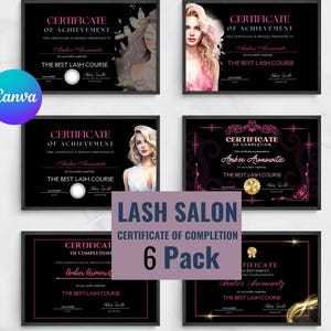 Printable Lash Artist Certificate 6PACK- Editable Training Award Template - Perfect for Beauty Classes - Custom Certificate - Lash Extension