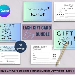 Plantilla de tarjeta de regalo de pestañas - Tarjeta de regalo de belleza editable - Descarga instantánea personalizable - Perfecta para pequeñas empresas - Azul - Paquete de 12