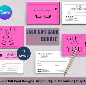 Plantilla de tarjeta de regalo de pestañas - Tarjeta de regalo de belleza editable - Descarga instantánea personalizable - Perfecta para pequeñas empresas - Rosa - Paquete de 12