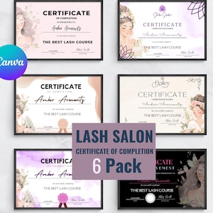 Printable Lash Artist Certificate 6PACK- Editable Training Award Template - Perfect for Beauty Classes - Custom Certificate - Lash Extension
